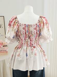 Modelyn Blouse élégante à taille ajustée avec col et manches courtes, imprimé floral ditsy, grande taille - Beige - Voir 2