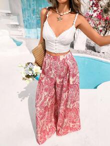 Vivid Eden Women's High Waist Wide Leg Palazzo Pants,Pastel Pink Paisley Print Loose Fit Trousers,Flowy Lightweight Bohemian Vacation Holiday,Boho,Autumn Beach - Hot Pink - View 4