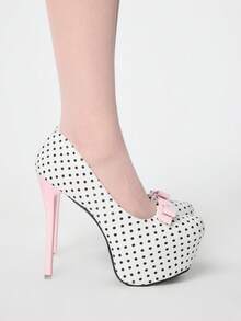 ROMWE Kawaii 14cm High Heel Women's Fashion Pointed Toe Bowknot Polka Dot Sexy Waterproof Platform Pumps - Black and White - View 4