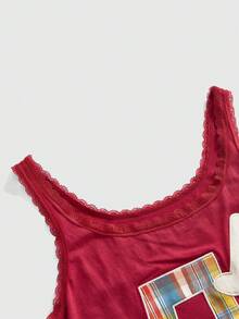 ROMWE Kawaii Summer Casual Music Note Embroidered Lace Trim Camisole - Grey - View 3