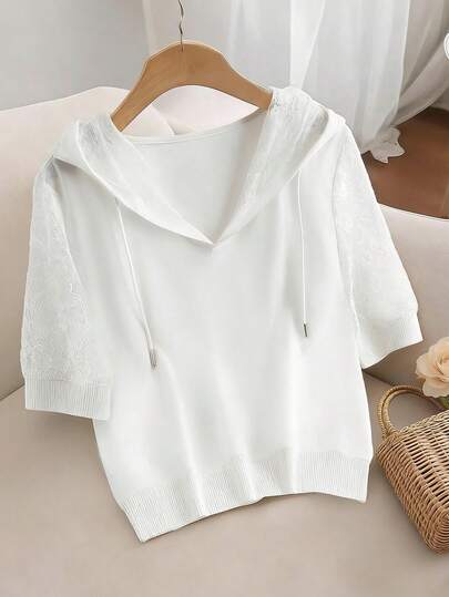 GlowEve 女士蕾丝拼接抽绳连帽休闲百搭日常短袖卫衣