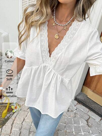 SHEIN LUNE Women's Casual White Cotton Doll Shirt Summer Tops Summer Outfit For Women Beach Vacation Outfits For Women Going Out Tops Vacation Outfits Women  White Shirt 100% Cotton Women Clothing Vacation Outfits Women Spring Outfits For Women Going Out Tops Women White Top Blusas Casuales Para Dama Blusa Branca Cruise Outfit For Women Spring Break Outfits