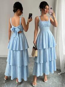 Elenzga Women's Elegant Sleeveless Layered Ruffle Dress, Textured Fabric, Suitable For Beach Dates, Spring/Summer - Blue - View 1