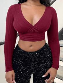 Alexandranx Surplice Neck Rib-Knit Crop Tee - Burgundy - View 5