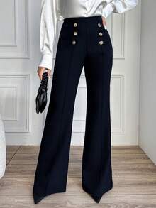 EURMUSE Ladies' Solid Color Double Breasted Flared Pants - Navy Blue - View 4