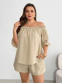 Shapeblank Plus-Size Women's Spring/Summer Fashion Casual Loose Comfortable Everyday Basic Versatile Slimming Off-Shoulder Short-Sleeved Top And Shorts Apricot Two Pieces Set,Summer Clothes,Vacation Outfits, Beach Outfits  Plus Size Off Shoulder Top 2 Piece Sets Woman Plus Summer Off The Shoulder Shirts Summer Tops Plus Size Vacation Tops Plus Size - Apricot - View 5