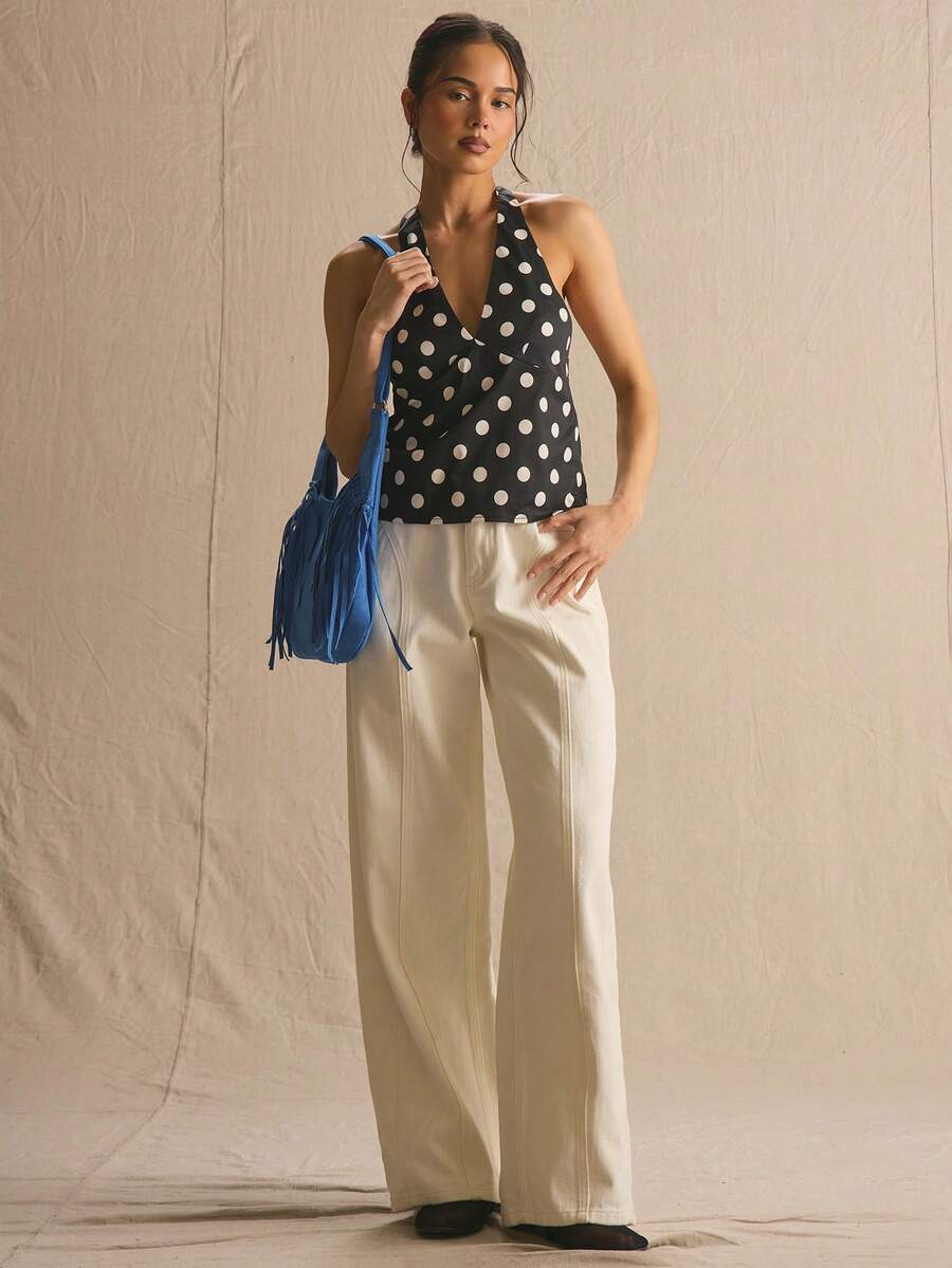 MUSERA Denim Denim com Detalhe de Cadarço de Perna Larga, Primavera Verão Confortável Fofo Diário Feminino Férias Luz do Sol Social - Bege - Visão 1
