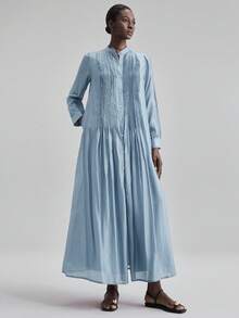 Ontre 2026新款女士长袖褶皱宽松连衣裙，优雅简约，波西米亚风，适合秋季海滩度假穿着 - 藍色 - 查看 5