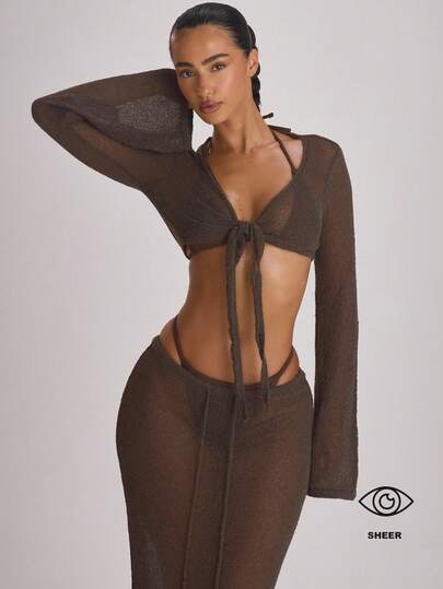 Musera Resort Knit Flared Sleeve Tie Front Cropped Cover Up Top Swim Vacation Holiday Summer Travel Beachwear Basics Solid Colour Resort Core