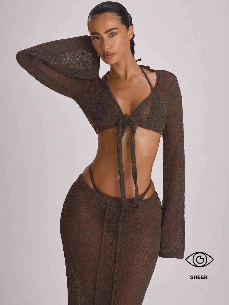 Musera Resort Áo khoác ngoài dáng ngắn tay loe dệt kim, buộc dây phía trước, thích hợp cho kỳ nghỉ hè, du lịch biển, đồ cơ bản màu trơn, phong cách nghỉ dưỡng. - Cà phê nâu - Xem 1