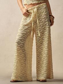 Bohemela Quần dài dệt kim dáng rộng màu trơn dành cho nữ, kiểu dáng thường ngày. - Màu vàng - Xem 9