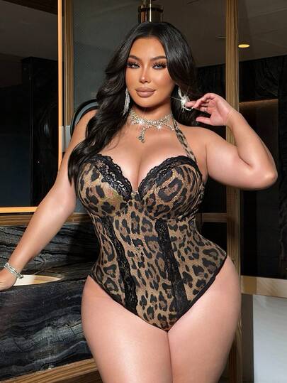 NU&NOW Body de licra con estampado de leopardo, patchwork de encaje y gráfico digital, con escote halter sexy, apto para uso diario, citas, salidas nocturnas y festivales de música