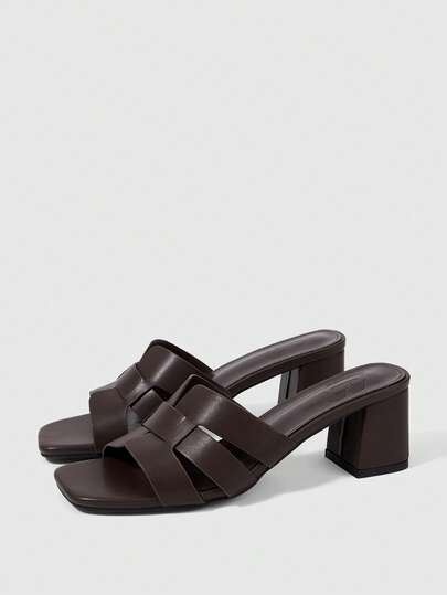 Sleekvia Women Shoes Spring And Summer New Square Toe Thick High Heel Brown Splicing Women's High Heel Sandals Fashionable And Comfortable Versatile Commuter Women's Sandals Slippers