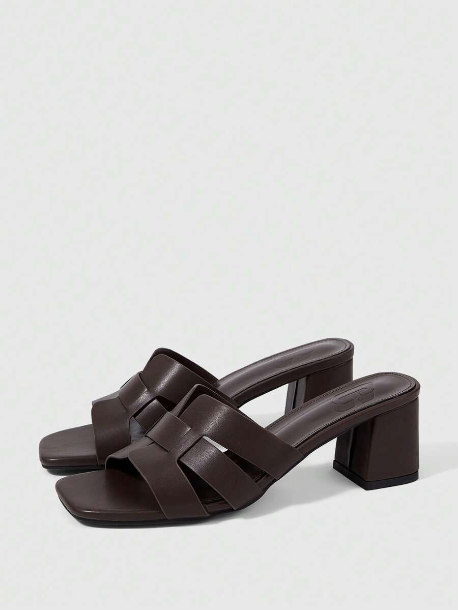 Sleekvia Women Shoes Spring And Summer New Square Toe Thick High Heel Brown Splicing Women's High Heel Sandals Fashionable And Comfortable Versatile Commuter Women's Sandals Slippers - Coffee Brown 1 - View 1