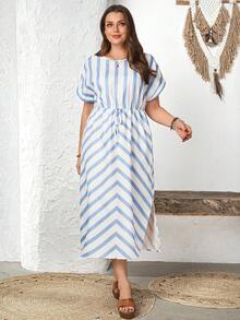 Rosumi 大码休闲条纹侧开衩连衣裙 女士夏季连衣裙 条纹中长连衣裙 条纹休闲连衣裙 中长连衣裙 女士休闲连衣裙 女士夏季穿搭 女士沙滩装 女士休闲度假装 女士乡村音乐会服装 荷叶边 - 藍白色 - 查看 4