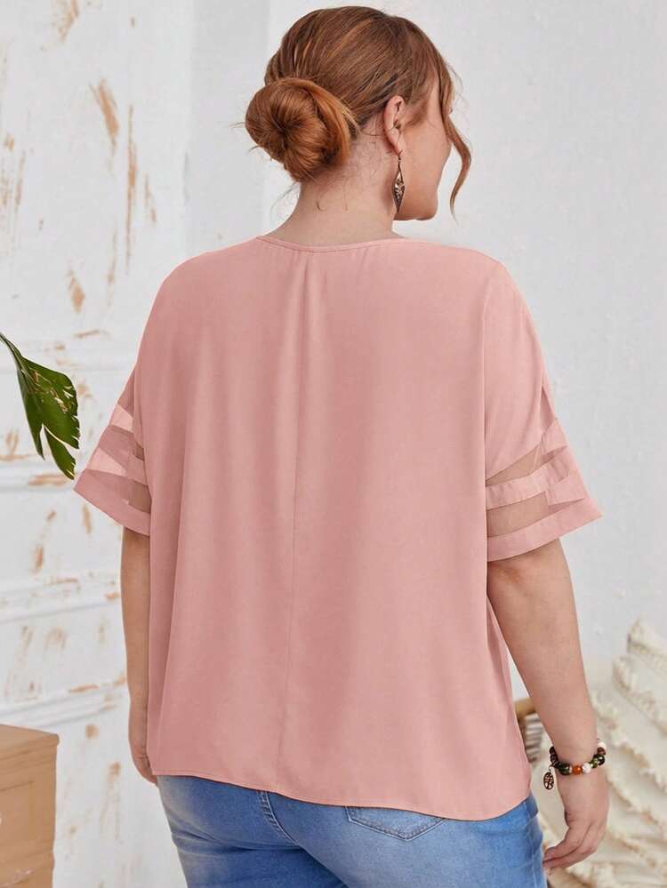 Plus Size Women Solid Color Mesh Patchwork Round Neck Short Sleeve Loose Blouse
