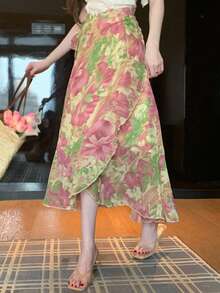 DAZY Elegant Chiffon Floral Print Ruffle Hem Women's Skirt Summer - Purple - View 3