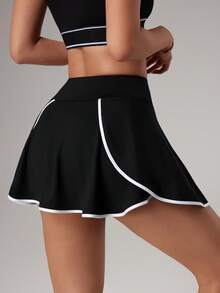 Dewbera Women's Color - Block 2 - In - 1 Sports Skort With Pockets, Anti - Exposure Tennis Skirt Suitable For Golf, Badminton, Yoga & Outdoor Running - Black - View 1