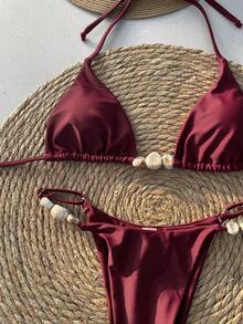Swim Mod 女士深红色露背琥珀玉色点缀性感比基尼套装 - 紅色 - 查看 3