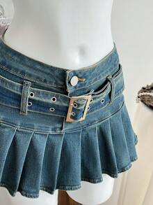 Elamini 女士休闲百褶牛仔裙，带孔眼扣设计 - 藍色 - 查看 3