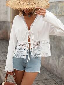 Brillora 女士度假风撞色蕾丝流苏下摆前系带落肩长袖衬衫 - 白色 - 查看 10