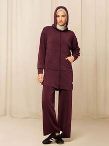 GLOWMODE X Reem Modest SoftSerene Modal Always Glowing Relaxed Fit Thigh Length Pocket Side Split Hem Hooded Long-Sleeve Daily Casual Wear - Purple - View 2