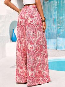 Vivid Eden Women's High Waist Wide Leg Palazzo Pants,Pastel Pink Paisley Print Loose Fit Trousers,Flowy Lightweight Bohemian Vacation Holiday,Boho,Autumn Beach - Hot Pink - View 2