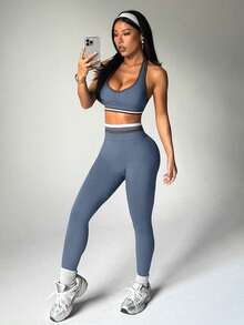 Dewbera Bộ đồ thể thao nữ kẻ sọc, xếp ly, áo croptop cổ yếm và quần legging. - Màu xanh bụi bặm - Xem 8