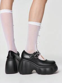 ROMWE Kawaii Women Heeled Sandals~ 2026 New Fashion Spring And Autumn Punk Style Dark Round Toe Thick Heel High Heels PU Patent Leather Low Vamp Shoes Super High Heel Double Breasted Small Leather Shoes Fashion Shoes Y2K - Black - View 2