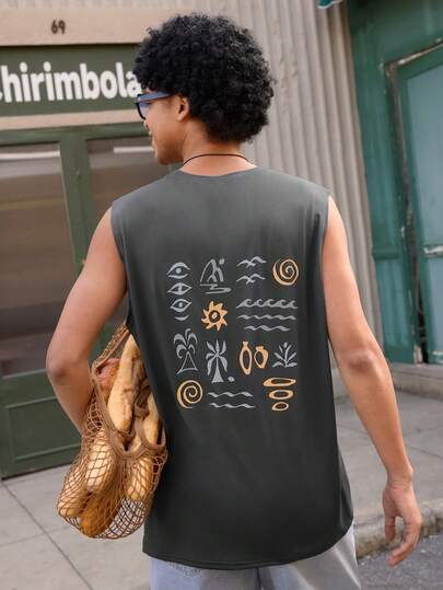 Open Phase 男士度假字母和棕榈树印花圆领休闲背心