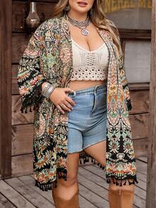 SHEIN CURVE+ Curve 尺码 US22 音乐节、海滨度假、波西米亚风印花流苏下摆和服，适合旅行、机场、郊游、乡村、返校、假日等各种场合，优雅休闲，度假风，波西米亚风和服，夏季印花和服，嬉皮波西米亚风和服 - 彩色 - 查看 3