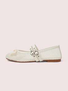 CUCCOO DOLLMOD Women's Beige Round Toe Mesh Mary Jane Flats With Bow & Metal Eyelets, Double Strap Casual Commuter Basic Vacation Shoes - Beige - View 2