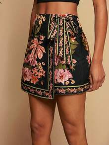 Travachic Chân váy nữ in hoa, vạt lệch, thắt eo, thích hợp cho kỳ nghỉ, mùa hè, váy hè cho nữ, váy dự tiệc, chân váy nữ, chân váy hoa quấn, chân váy in họa tiết thực vật, chân váy hoa đen. - màu đen - Xem 6