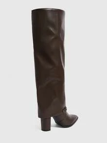 Daringsoles 女士尖头性感靴子，侧拉链秋冬靴，PU皮裤靴，度假派对女靴，华丽棕色粗跟搭扣 - 咖啡棕 - 查看 3