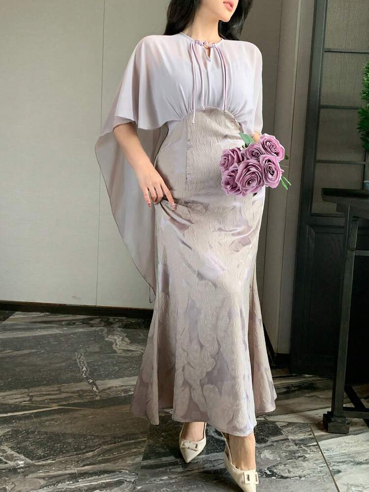 New Chinese Style Flowing Shawl Collar Dress, Waist Cinched Jacquard Satin Fish Tail Dress For Women Sundress