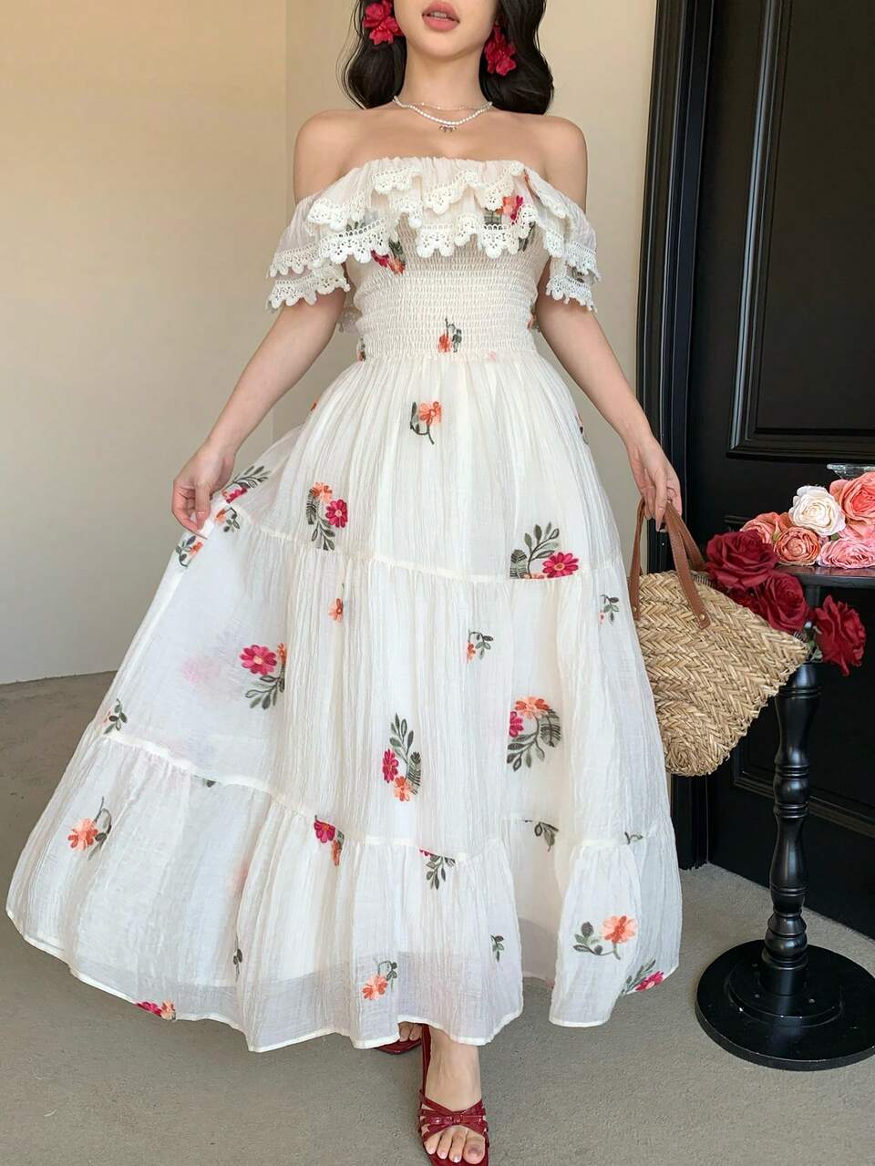 French Design Niche White Floral Ditsy Floral Off The Shoulder Cinched Waist Maxi Dress,Summer,Boho,Holiday,Tea Party,Holiday Women Vacation Outfits