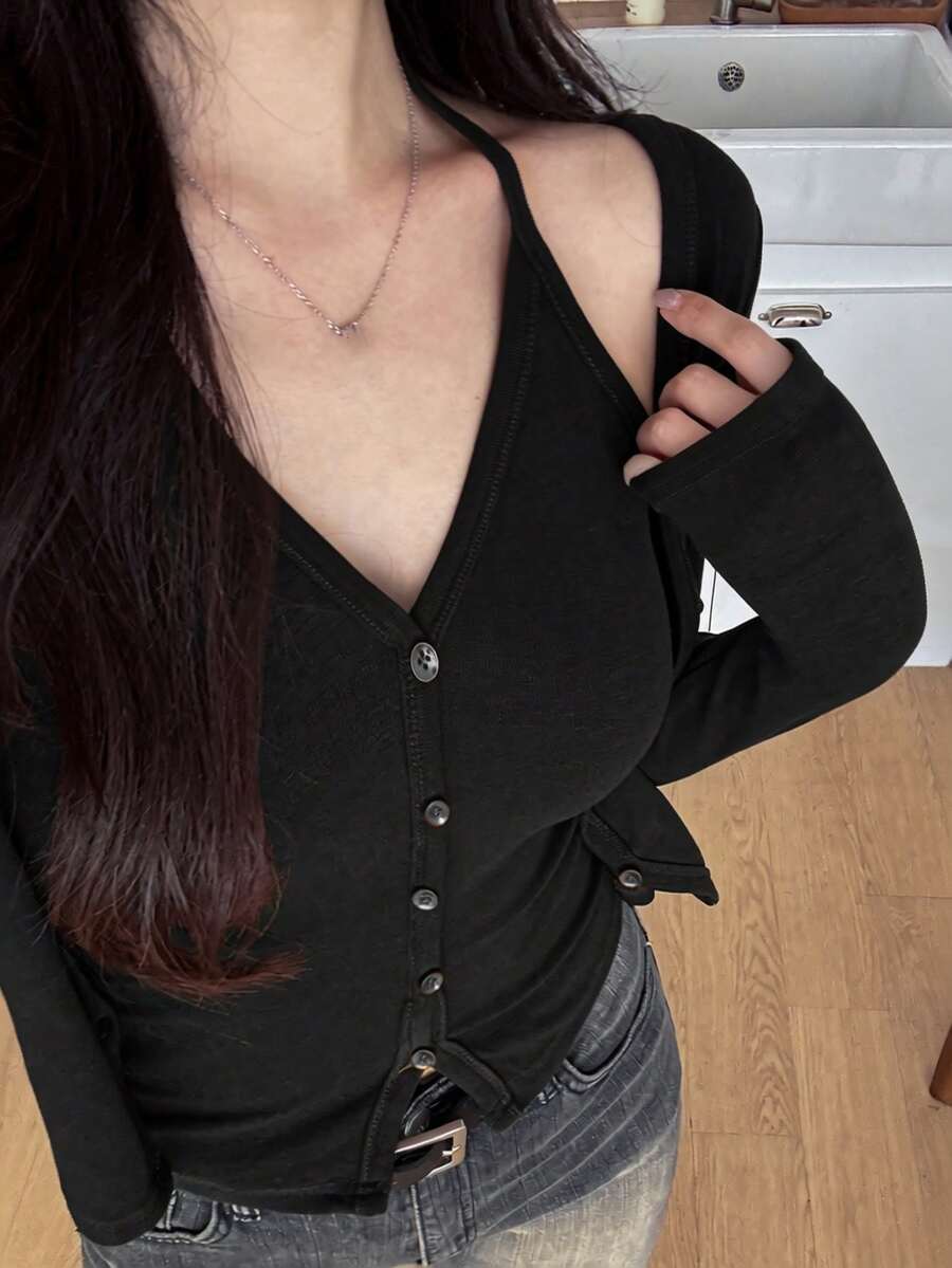 DAZY 2pcs/Set Sexy Design Long Sleeve T-Shirt, Neckline Decor, Slim Fit Casual Top For Women - Black - View 1