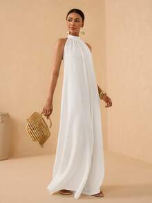 Vesra Vacation Beach Solid Color Backless Halter Wide Leg Jumpsuit - White - View 6