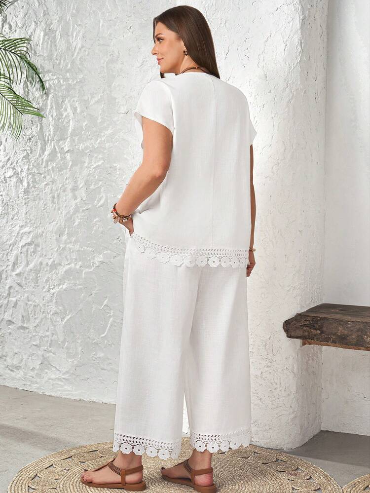 2pc Set Plus Size Women's Summer Casual Vacation Country  Casual Lace Patchwork All White Shirt And Pants 2-Piece Set With Pockets,Summer\Vacation,Summer Holiday,Spring Break Outfits ,Vacation Outfits Women ,Holiday Outfits For Women,Going Out Outfits,2026 New Clothes,Simple And Fashionable For Everyday Wear,Suitable For Summer, Vacation, Daily Wear,Modest Two Piece Set, Plus Size Summer Sets,Plus Size Pants Set,Boho Set,Boho Pants Set For Women,Wide Leg Pants Set,2 Piece Casual Sets Woman, Short Sleeve Two Piece Set,Two Piece Set Women Comfy,Casual Home Set