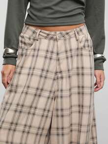 COUREZ 低腰宽松格纹灯笼裤/Y2K风格春季女装，可爱性感外出穿搭，夏季穿搭 - 杏色 - 查看 7