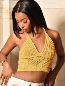 Mima John 系腰柔软针织上衣，适合音乐节和海滩 - 黃色 - 查看 5