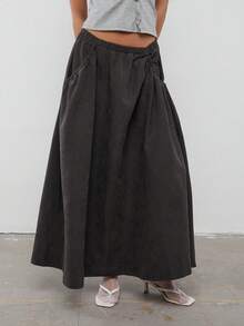 COUREZ Chân váy Maxi có túi rút bên hông bằng vải nylon màu đào - Màu xám đen - Xem 4