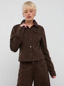 COUREZ Áo khoác ôm dáng có khóa kéo màu nâu denim / Phong cách Y2K mùa đông xuân cho nữ, áo khoác nâu, bộ 2 món, trang phục đi chơi, dự tiệc, trở lại trường học, áo kiểu dễ thương. - Màu xanh Ô liu - Xem 7