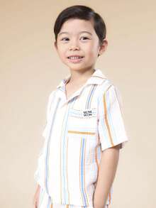 SUMWON 男童条纹翻领衬衫短裤套装 夏季休闲纽扣上衣搭配下装 - 米色 - 查看 3