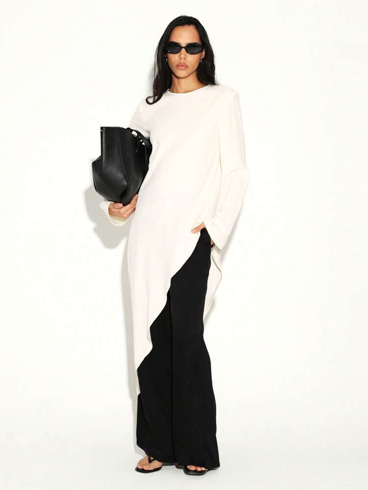 KSTM Asymmetric Flowing Tunic Blouse With High Low Hem Long Sleeves Round Neckline Casual Elegant Top