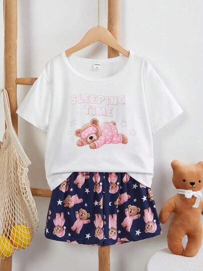 Conjunto de pijama de pantalón corto y manga corta con estampado de oso lindo para niñas