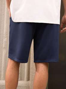 Men's Shorts, Urban Casual Solid Color Letter Print, Drawstring Waist Loose Relaxed Fit, Sports, Spring Summer - Navy Blue - View 2