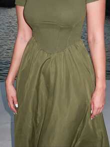 Turnttoni Black Herringbone Print Mid-Length Dress,Sun Dress - Army Green - View 3