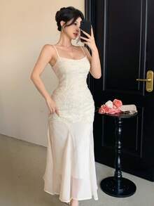 DAZY Đầm hai dây kiểu Pháp thanh lịch với họa tiết hoa 3D, thiết kế mùa hè, kiểu đuôi cá phối eo dành cho nữ, đầm dự tiệc cưới, đầm hè cho nữ. - Màu be - Xem 6
