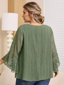 Rosumi Blusa elegante de talla grande para mujer con parches de encaje en unicolor - Verde - Ver 2